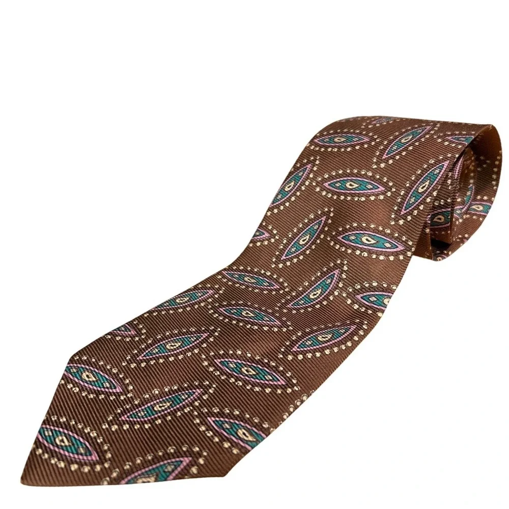 VTG Polo Ralph Lauren 100% Silk Necktie Hand Made in USA‎ Brown Pink Green 3.5